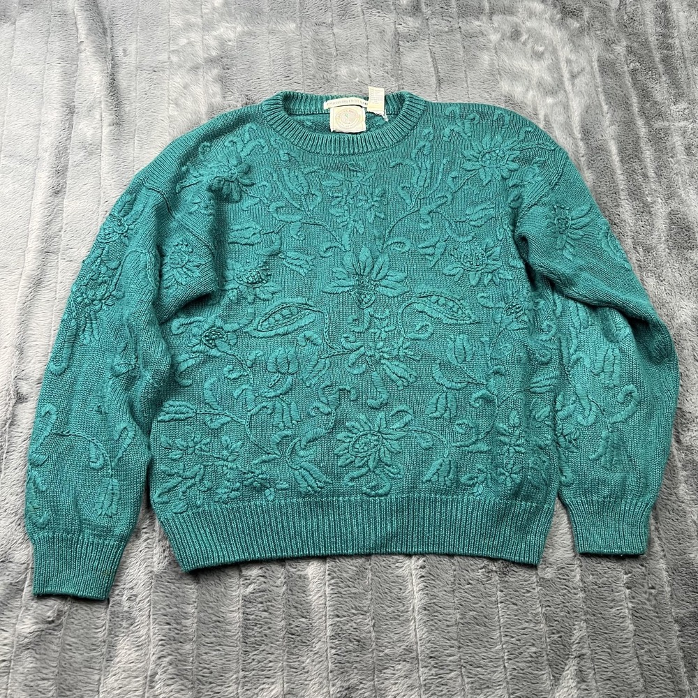 Cape Isle Knitters Sweater Womens L Green Floral Embroidered Pullover Cable-Knit